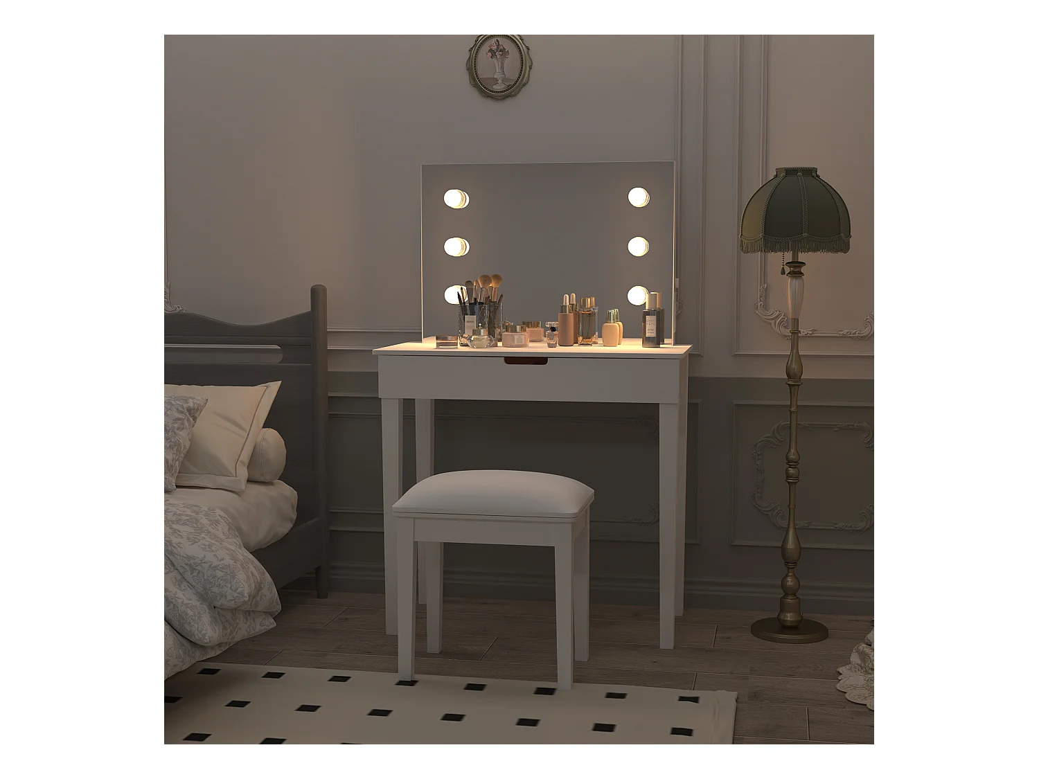 Coiffeuse avec miroir et 6 ampoules LED, avec tabouret, MDF, blanc (125x40x80 cm)