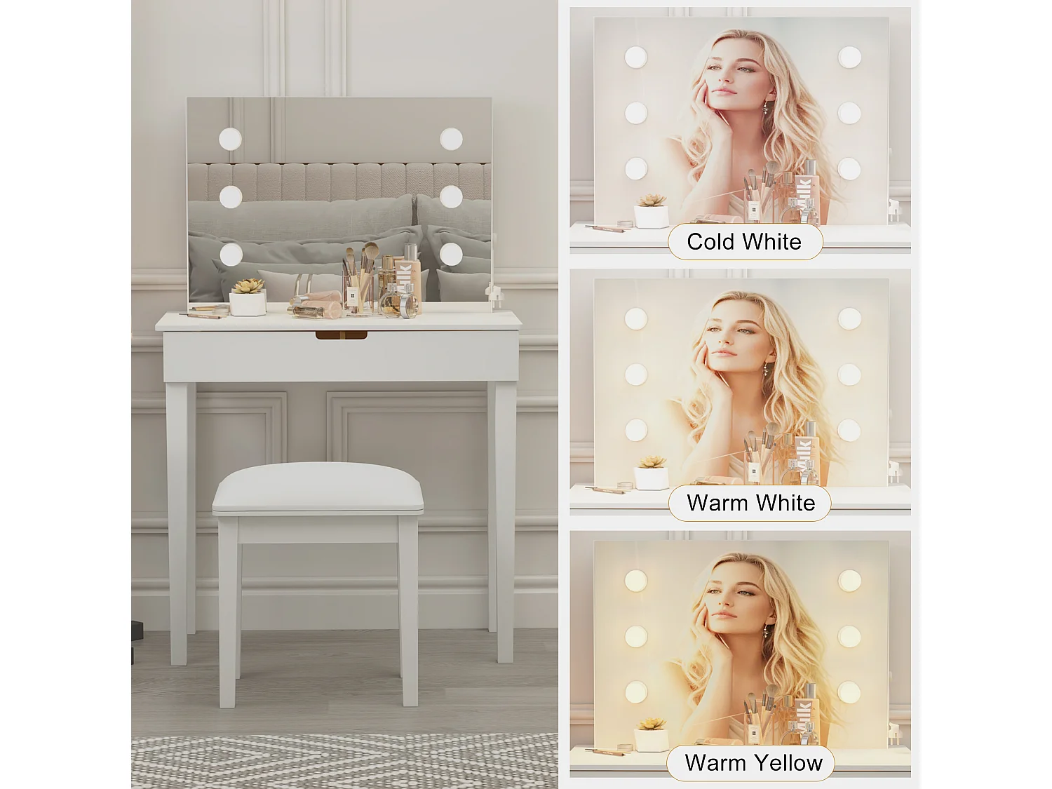 Coiffeuse avec miroir et 6 ampoules LED, avec tabouret, MDF, blanc (125x40x80 cm)