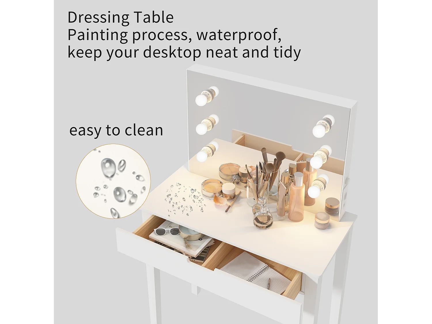 Coiffeuse avec miroir et 6 ampoules LED, avec tabouret, MDF, blanc (125x40x80 cm)