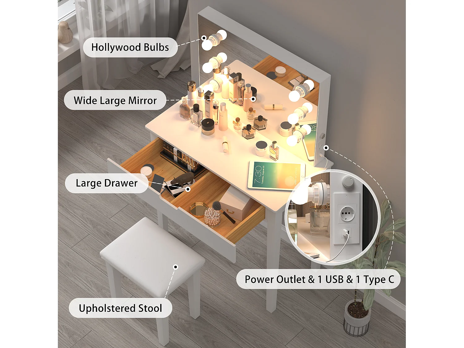 Coiffeuse avec miroir et 6 ampoules LED, avec tabouret, MDF, blanc (125x40x80 cm)