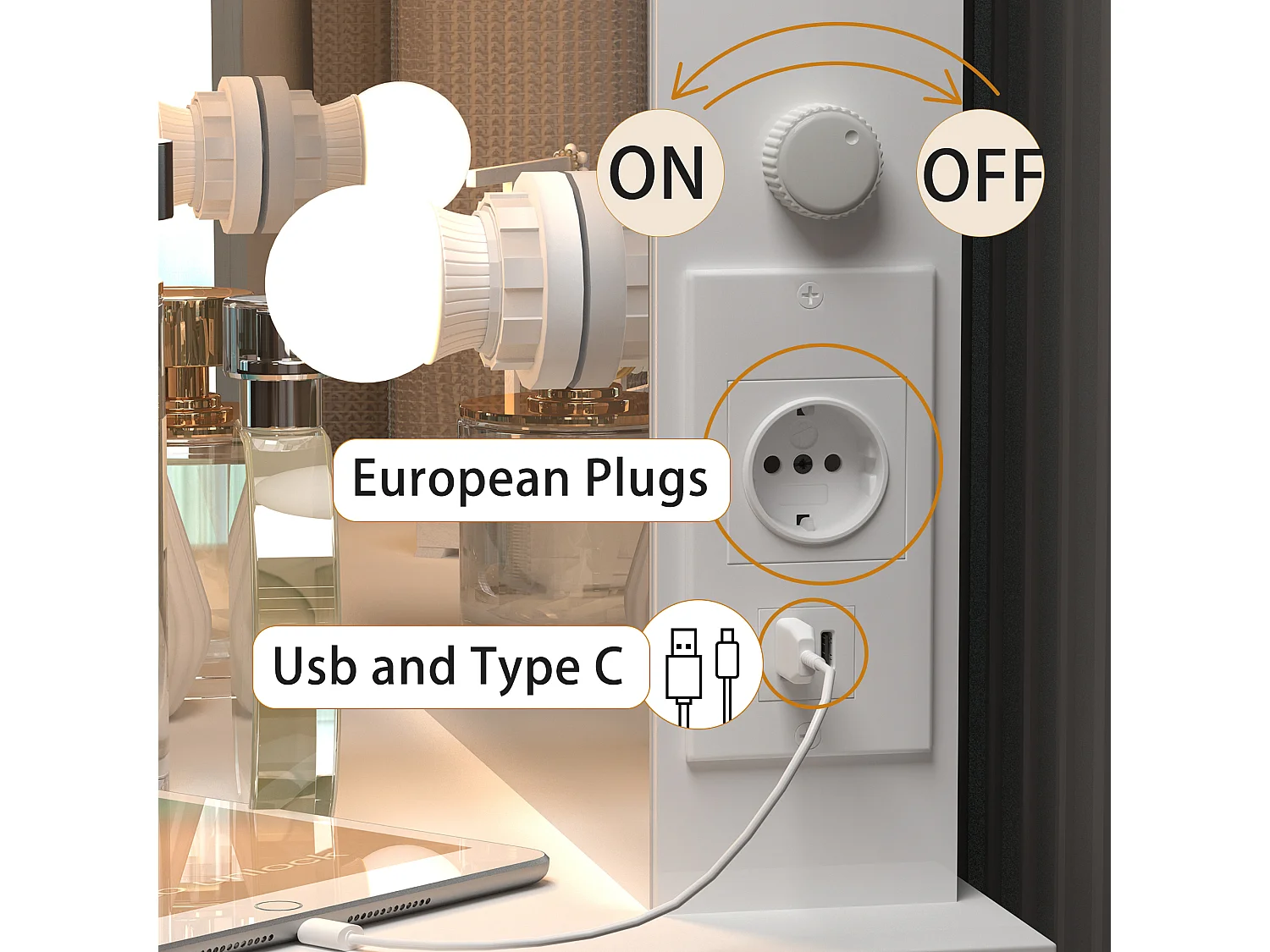 Coiffeuse avec miroir et 6 ampoules LED, avec tabouret, MDF, blanc (125x40x80 cm)