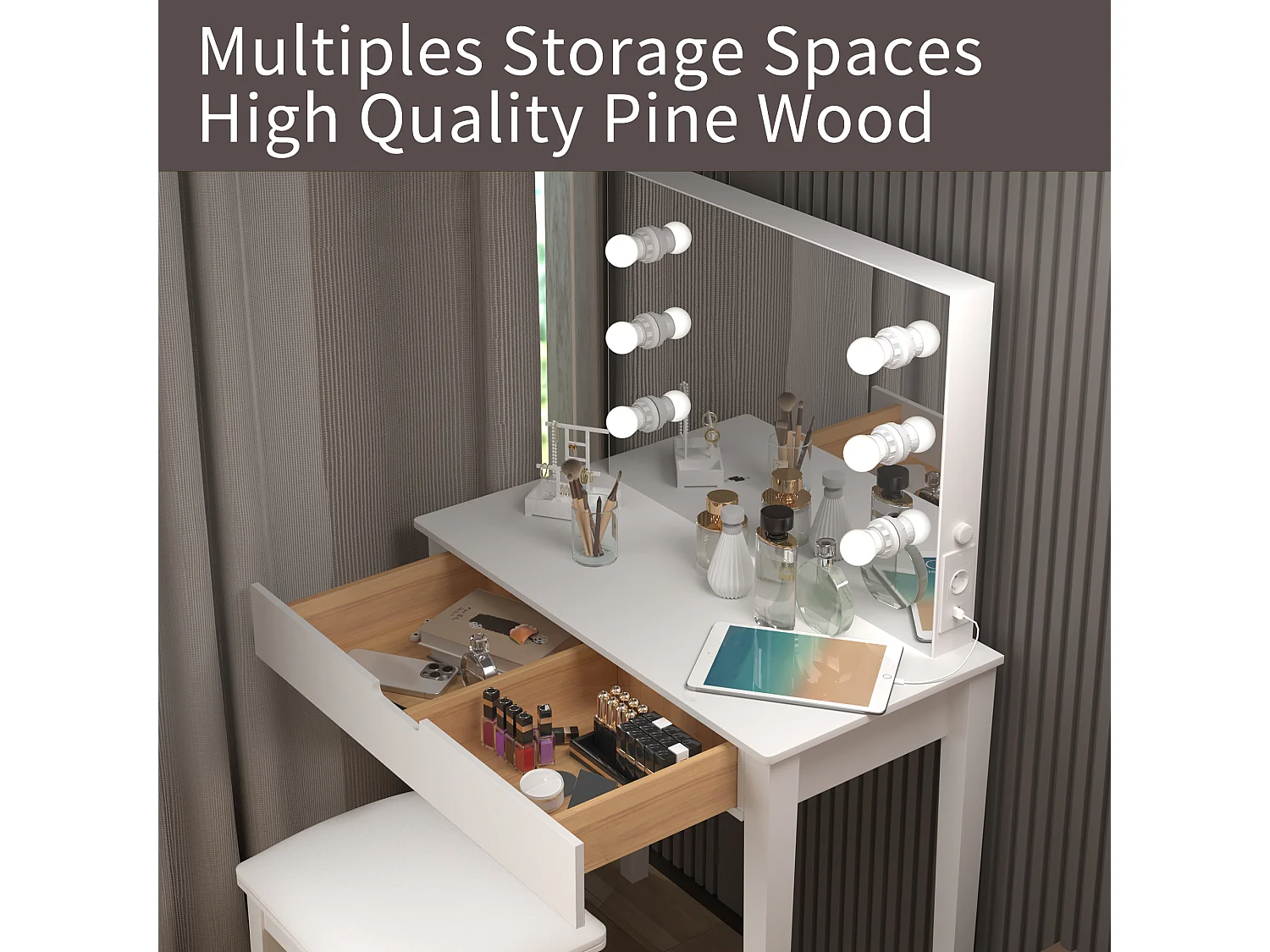 Coiffeuse avec miroir et 6 ampoules LED, avec tabouret, MDF, blanc (125x40x80 cm)