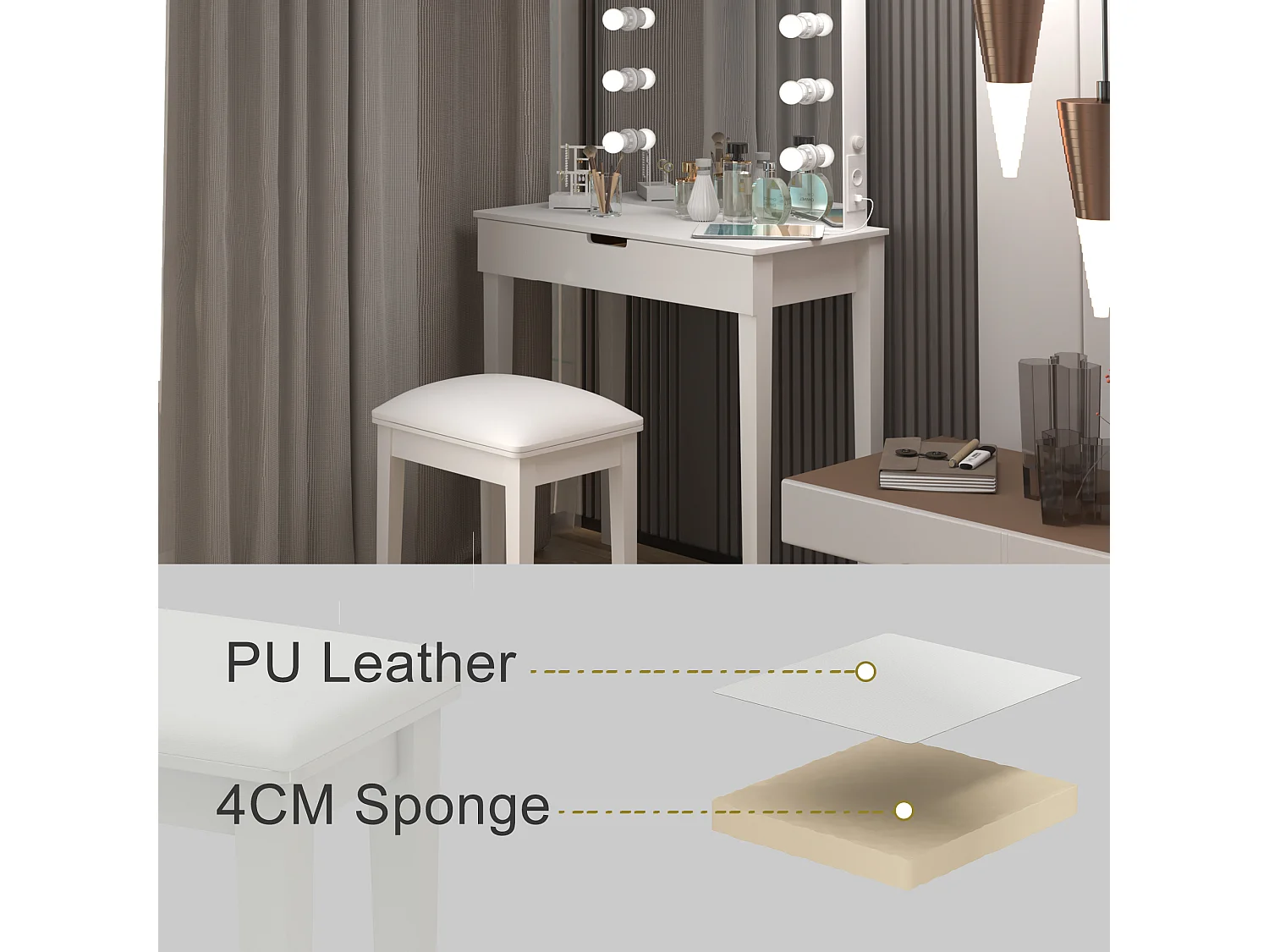 Coiffeuse avec miroir et 6 ampoules LED, avec tabouret, MDF, blanc (125x40x80 cm)