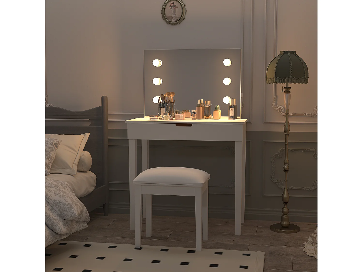Coiffeuse avec miroir et 6 ampoules LED, avec tabouret, MDF, blanc (125x40x80 cm)