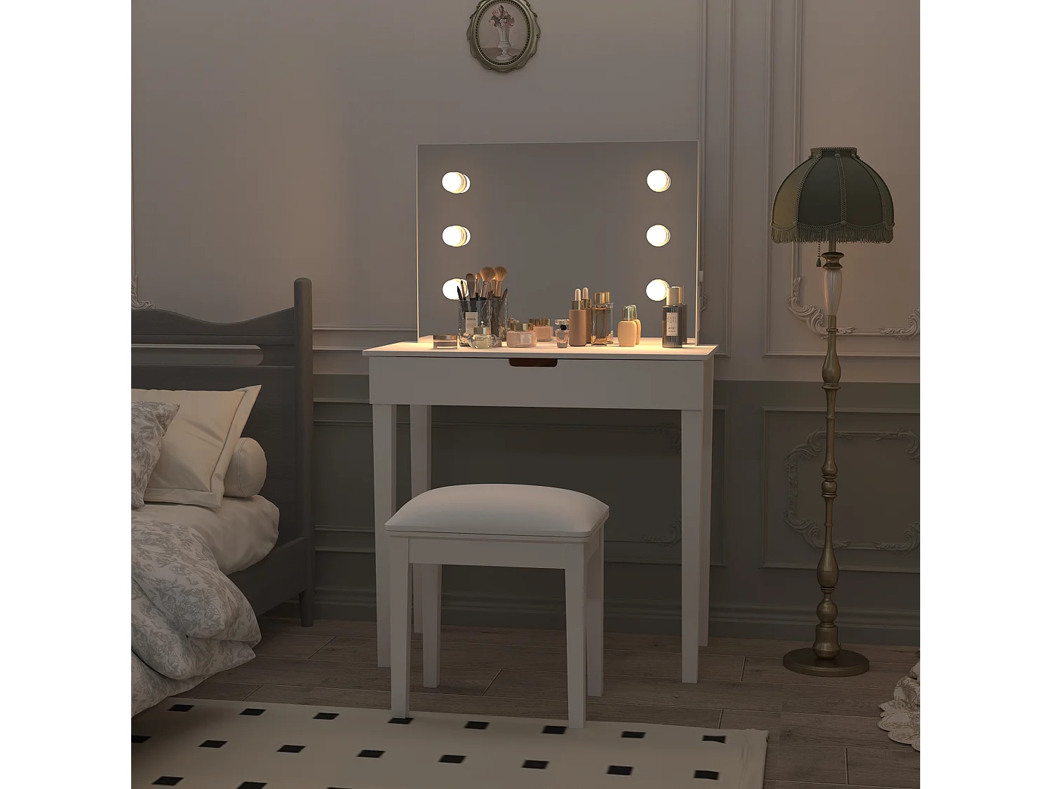 Coiffeuse avec miroir et 6 ampoules LED, avec tabouret, MDF, blanc (125x40x80 cm)