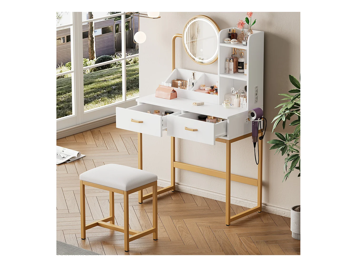 Coiffeuse moderne avec éclairage LED, miroir rotatif, prises USB, MDF, blanc (80x40x138.5 cm)