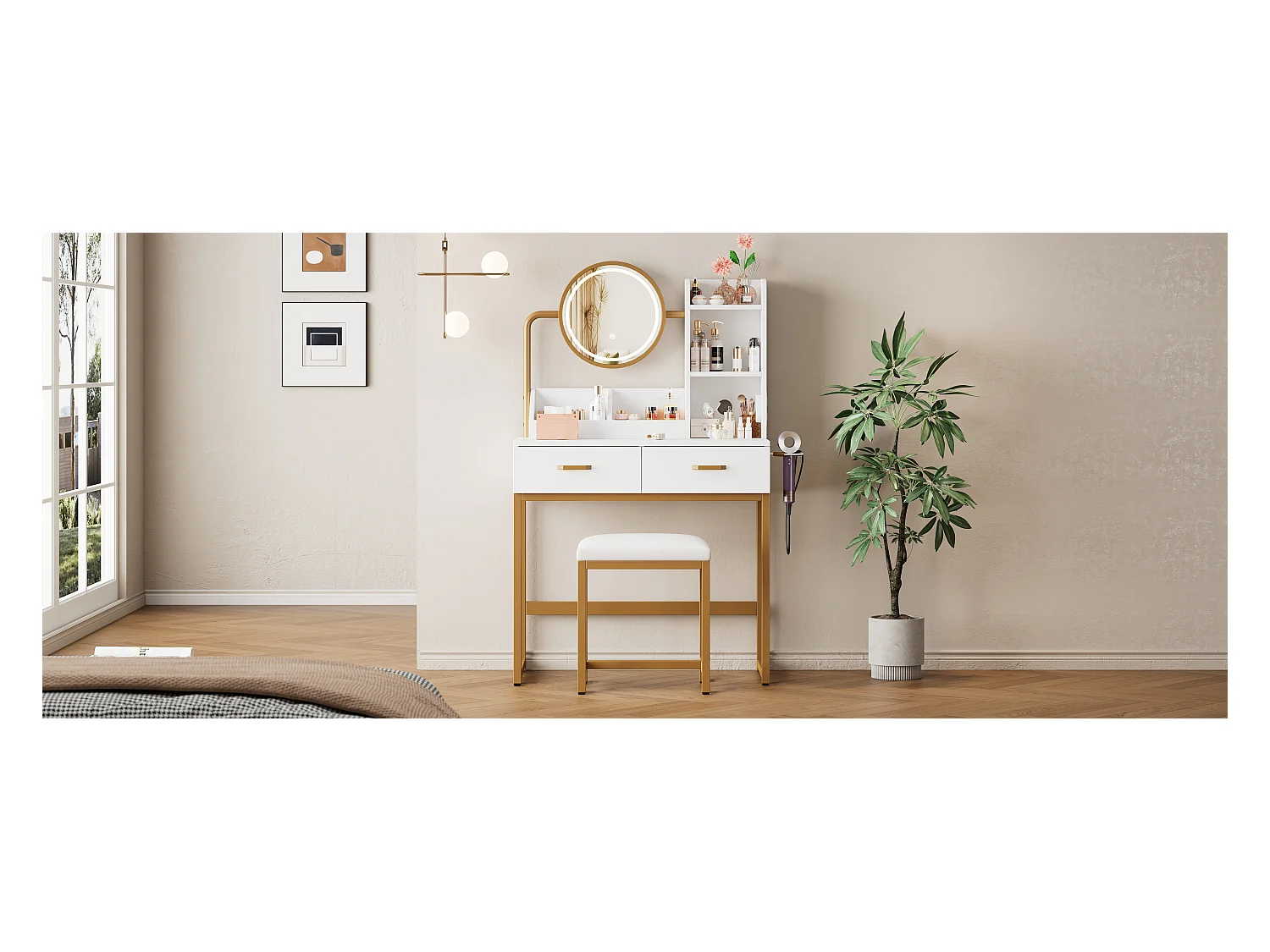 Coiffeuse moderne avec éclairage LED, miroir rotatif, prises USB, MDF, blanc (80x40x138.5 cm)