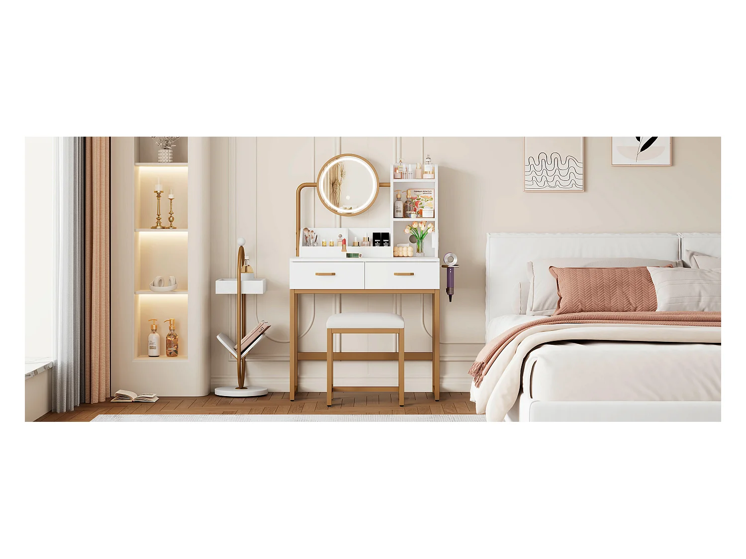 Coiffeuse moderne avec éclairage LED, miroir rotatif, prises USB, MDF, blanc (80x40x138.5 cm)