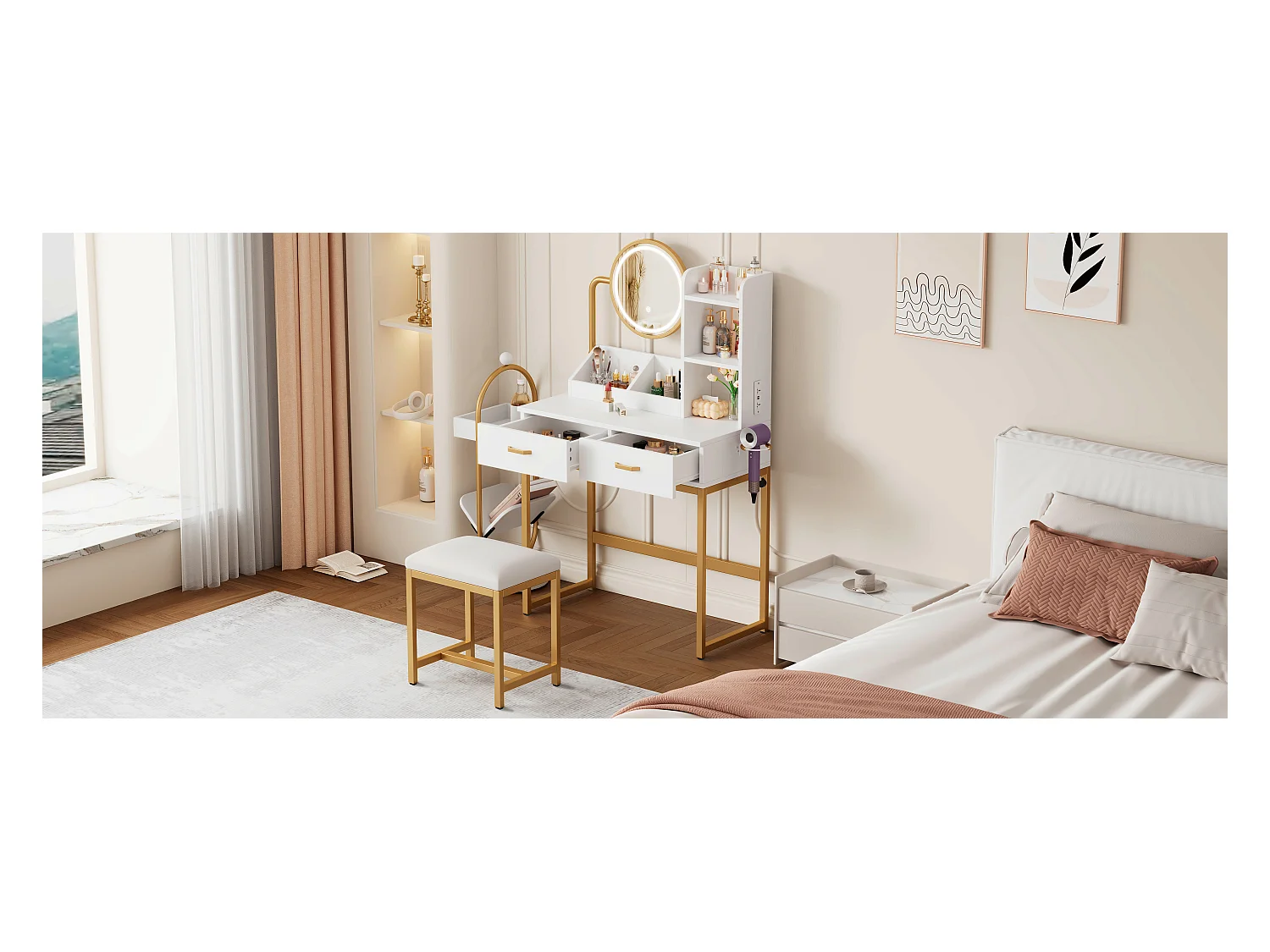 Coiffeuse moderne avec éclairage LED, miroir rotatif, prises USB, MDF, blanc (80x40x138.5 cm)