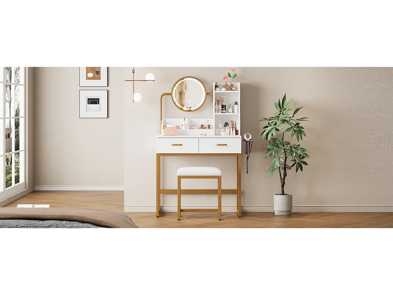 Coiffeuse moderne avec éclairage LED, miroir rotatif, prises USB, MDF, blanc (80x40x138.5 cm)