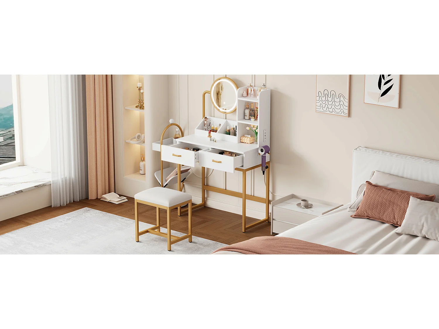 Coiffeuse moderne avec éclairage LED, miroir rotatif, prises USB, MDF, blanc (80x40x138.5 cm)