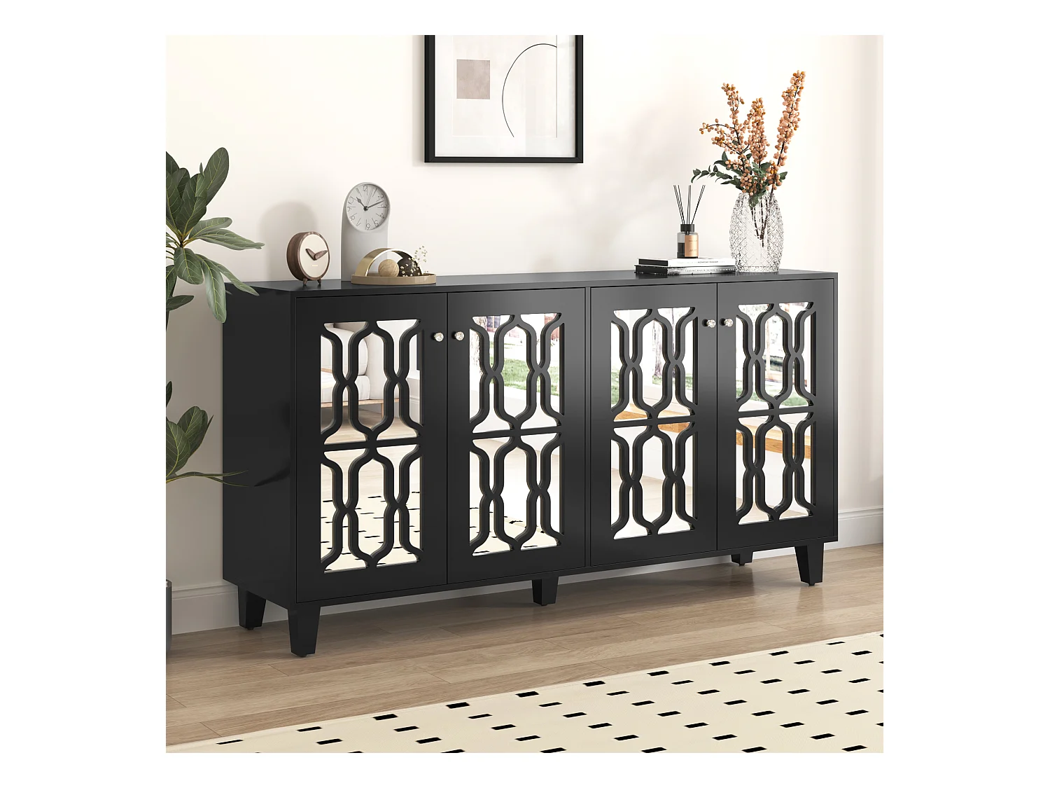Buffet noir avec portes en miroir, 4 portes, cristaux, MDF, noir (160x40x84 cm)