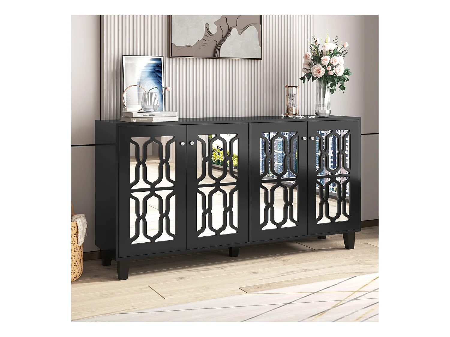 Buffet noir avec portes en miroir, 4 portes, cristaux, MDF, noir (160x40x84 cm)