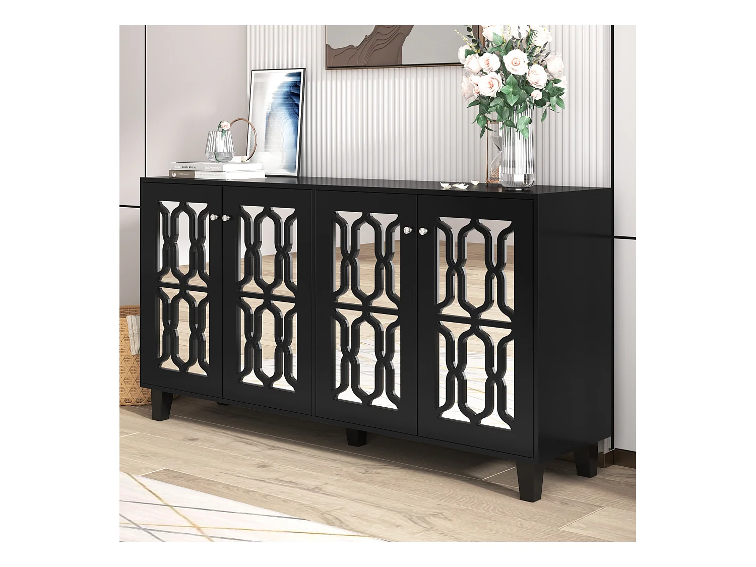 Buffet noir avec portes en miroir, 4 portes, cristaux, MDF, noir (160x40x84 cm)