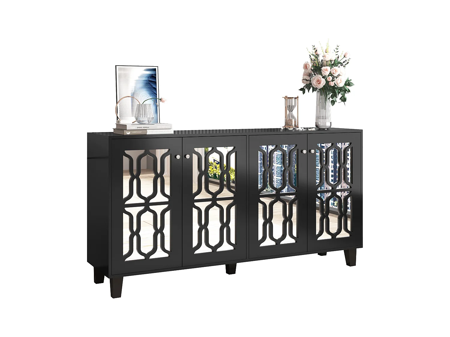 Buffet noir avec portes en miroir, 4 portes, cristaux, MDF, noir (160x40x84 cm)