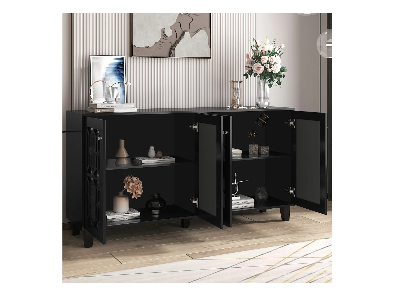 Buffet noir avec portes en miroir, 4 portes, cristaux, MDF, noir (160x40x84 cm)