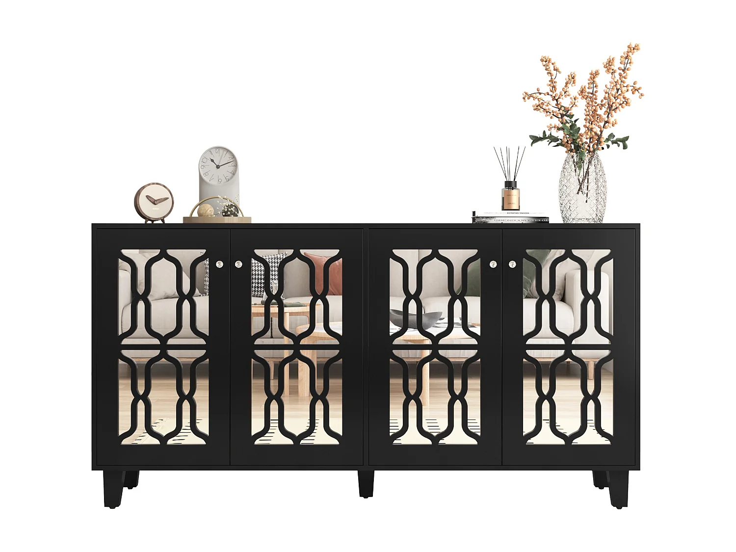 Buffet noir avec portes en miroir, 4 portes, cristaux, MDF, noir (160x40x84 cm)
