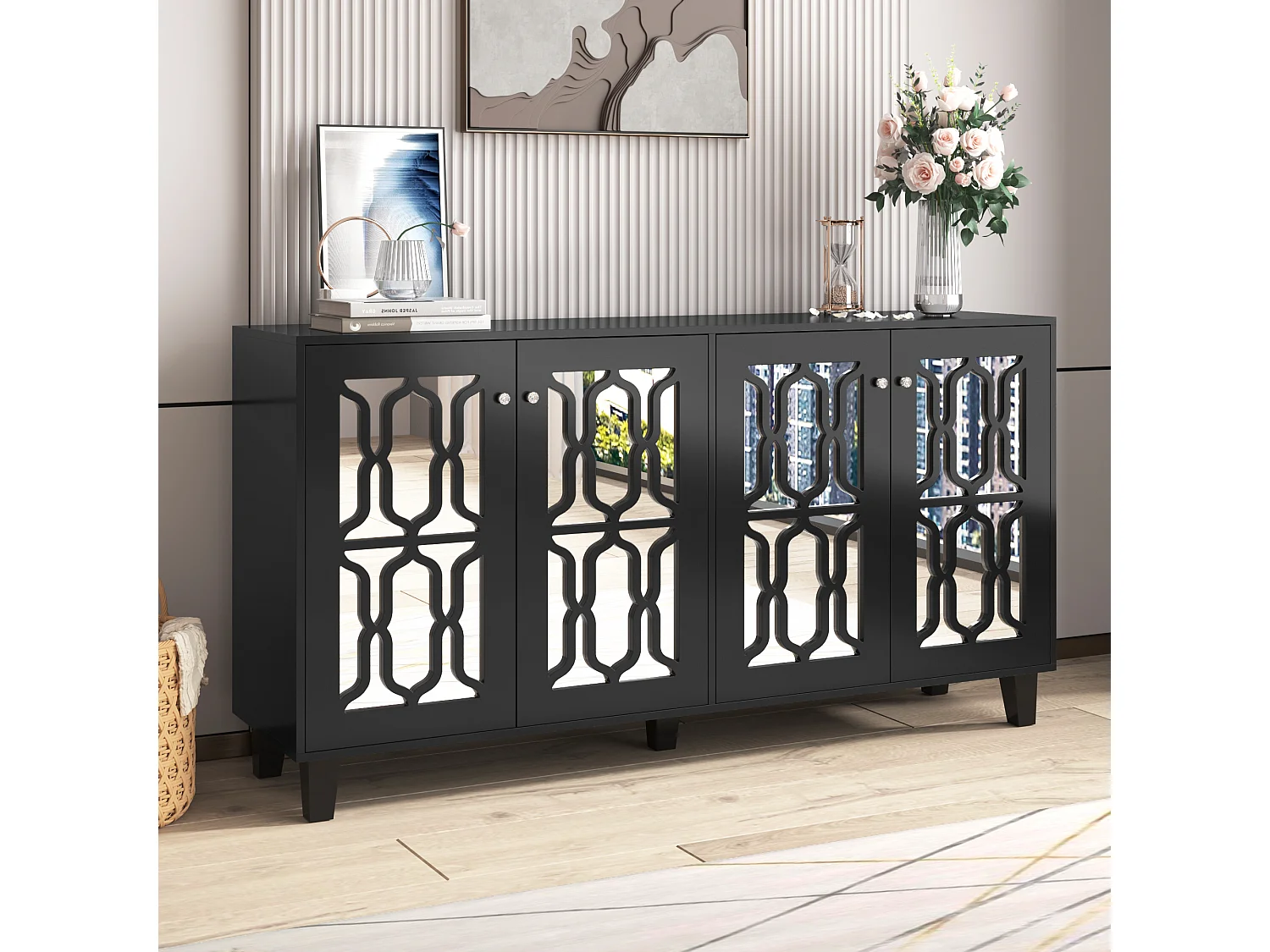 Buffet noir avec portes en miroir, 4 portes, cristaux, MDF, noir (160x40x84 cm)