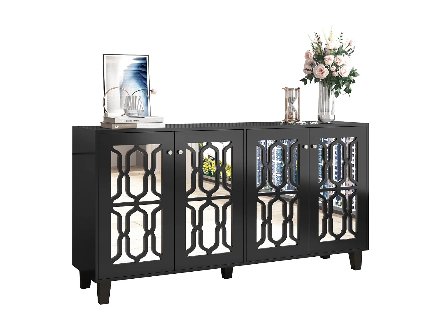 Buffet noir avec portes en miroir, 4 portes, cristaux, MDF, noir (160x40x84 cm)