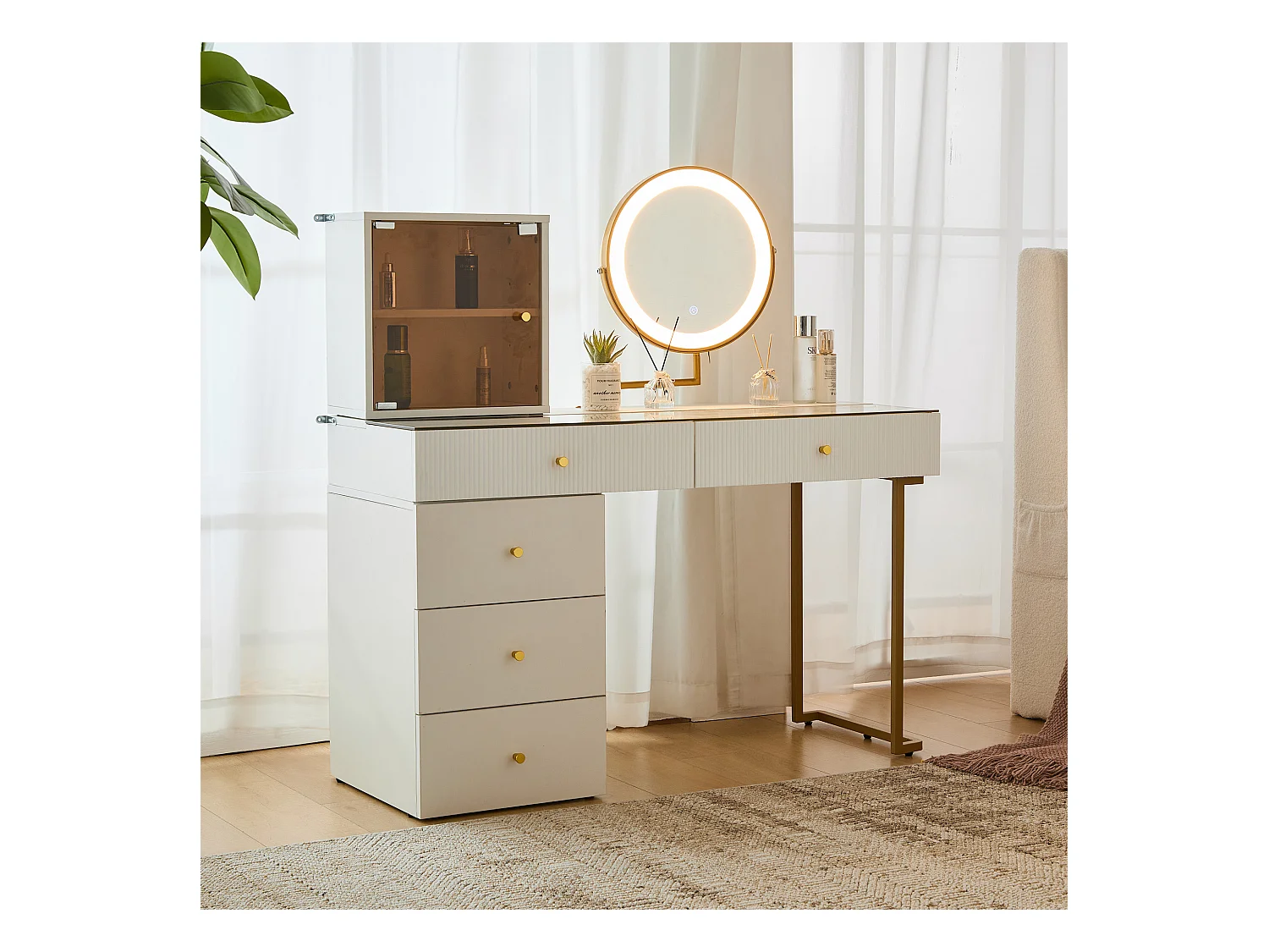 Coiffeuse avec miroir LED, plateau en verre trempé transparent, avec table et armoire, meuble élégant, blanc (120x45x115 cm)