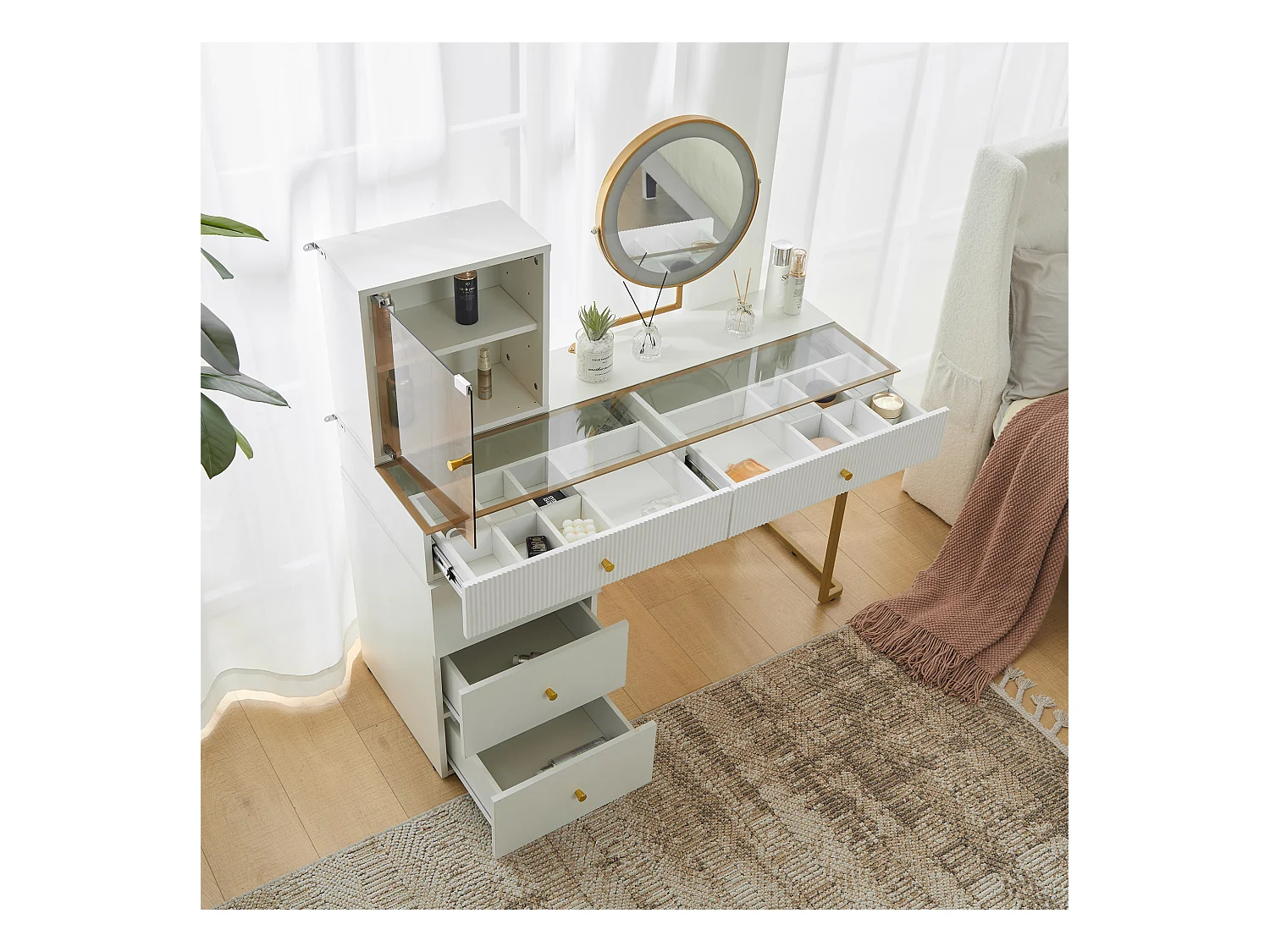 Coiffeuse avec miroir LED, plateau en verre trempé transparent, avec table et armoire, meuble élégant, blanc (120x45x115 cm)