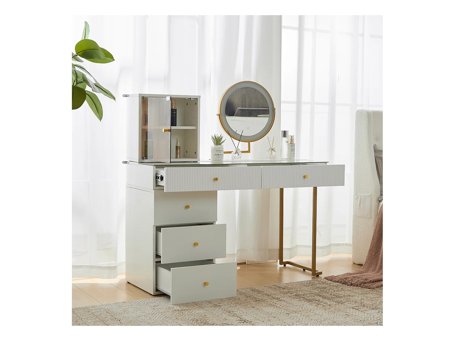 Coiffeuse avec miroir LED, plateau en verre trempé transparent, avec table et armoire, meuble élégant, blanc (120x45x115 cm)