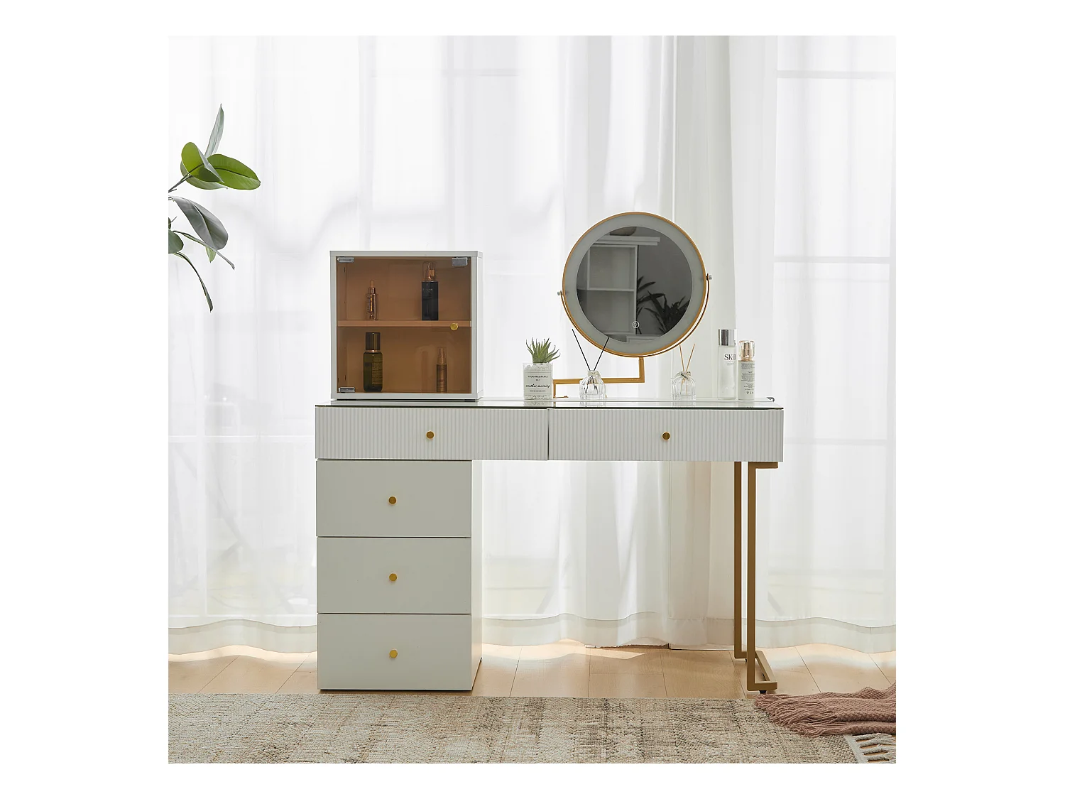 Coiffeuse avec miroir LED, plateau en verre trempé transparent, avec table et armoire, meuble élégant, blanc (120x45x115 cm)