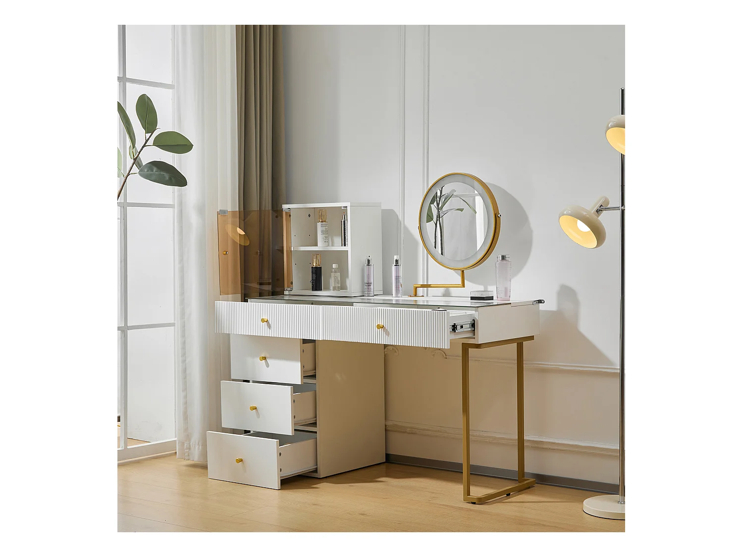 Coiffeuse avec miroir LED, plateau en verre trempé transparent, avec table et armoire, meuble élégant, blanc (120x45x115 cm)