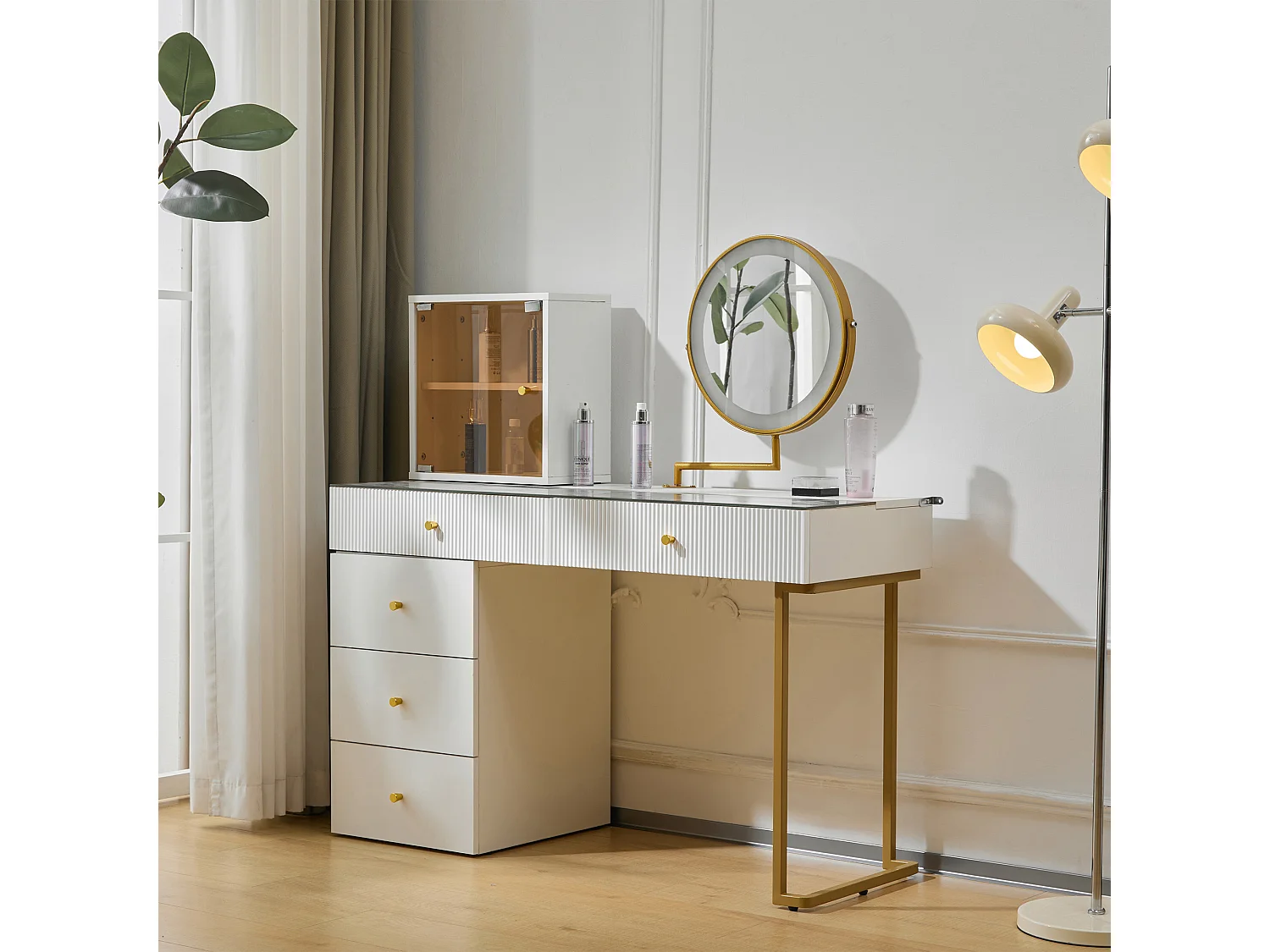 Coiffeuse avec miroir LED, plateau en verre trempé transparent, avec table et armoire, meuble élégant, blanc (120x45x115 cm)