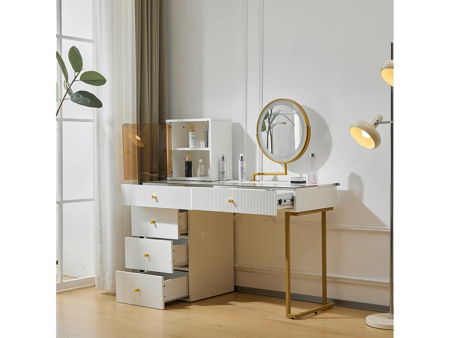 Coiffeuse avec miroir LED, plateau en verre trempé transparent, avec table et armoire, meuble élégant, blanc (120x45x115 cm)