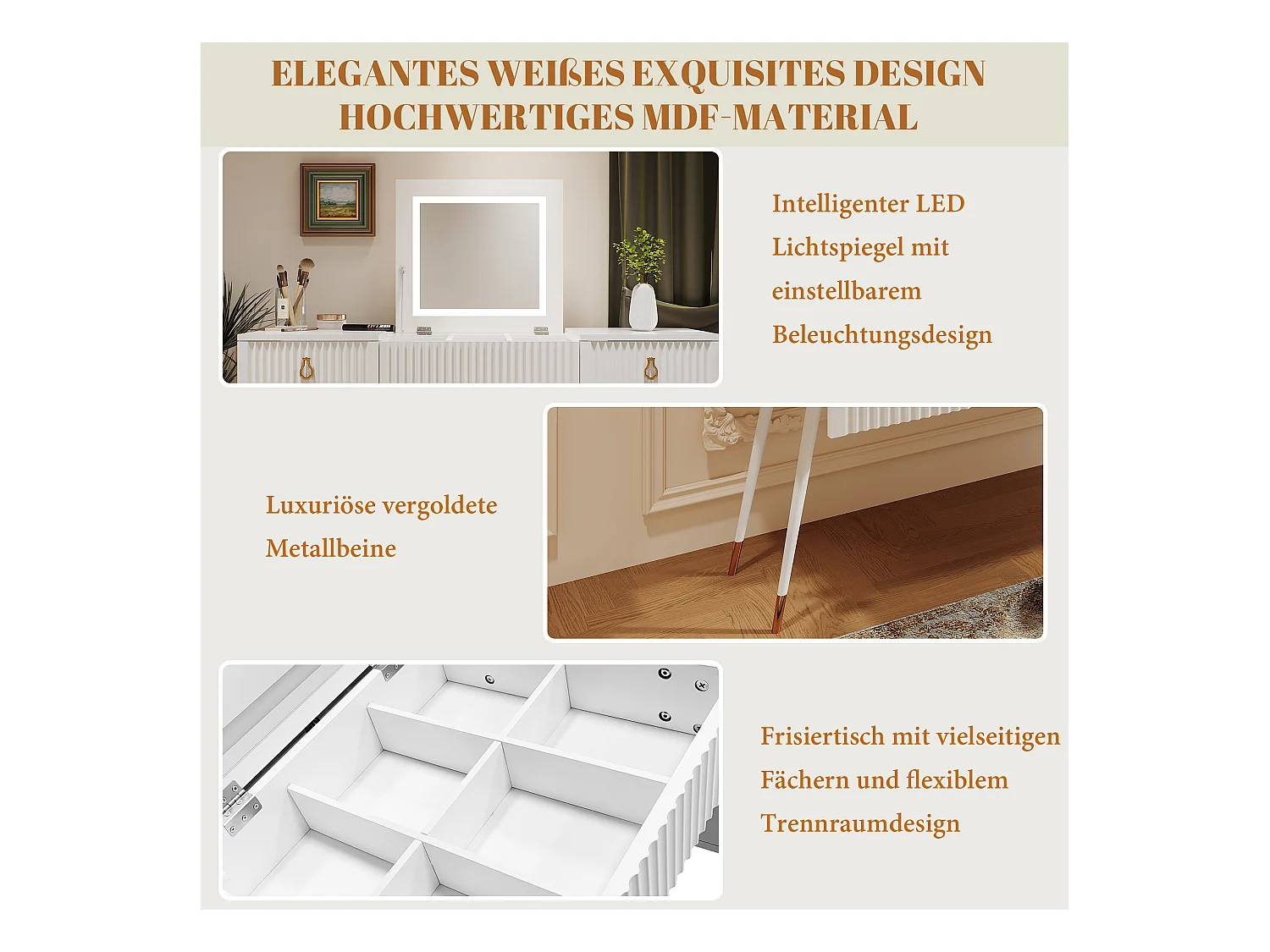 Tocador blanco con espejo LED, 4 cajones, luz regulable, diseño elegante, MDF (80x40x101 cm)