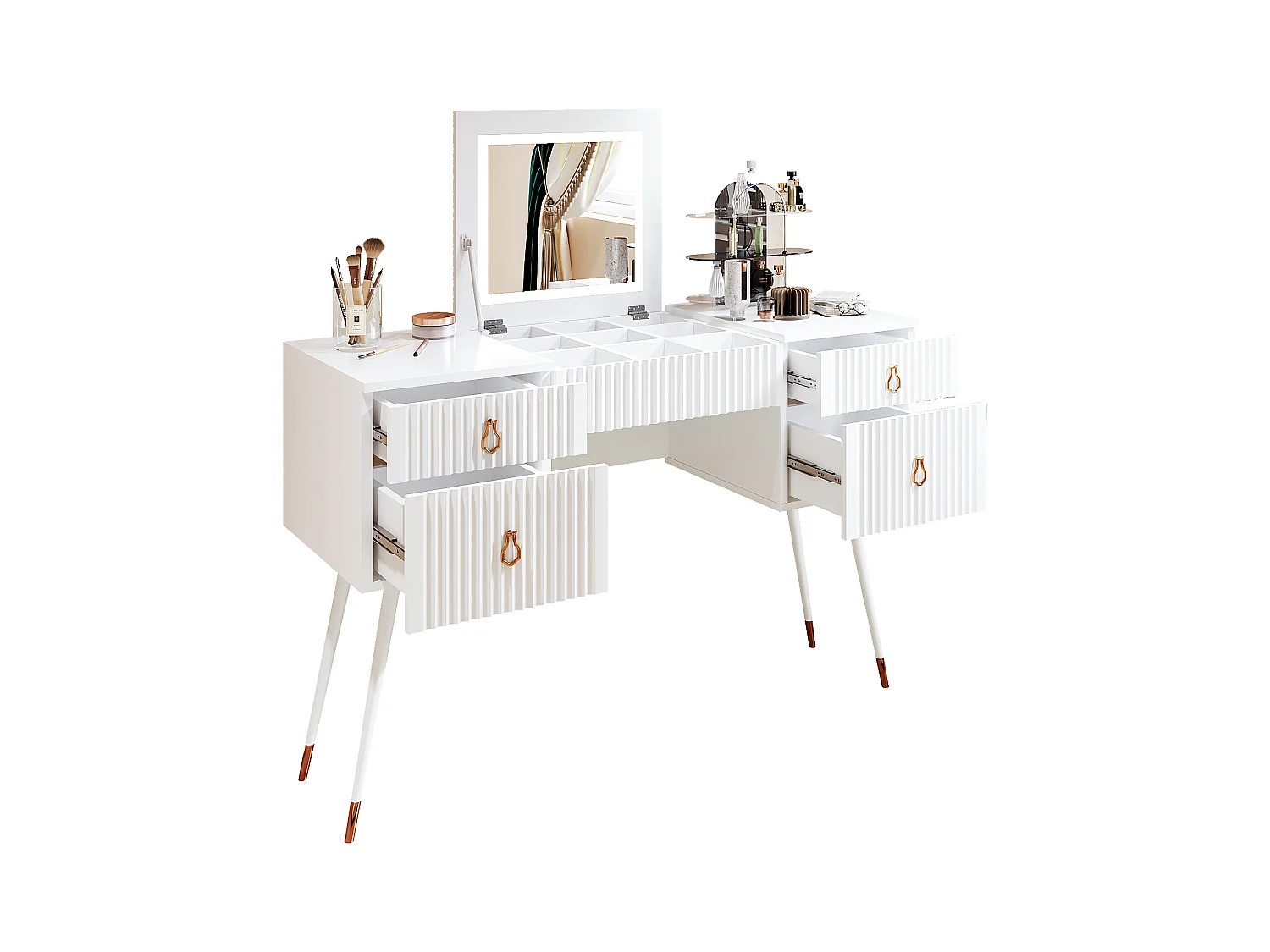 Tocador blanco con espejo LED, 4 cajones, luz regulable, diseño elegante, MDF (80x40x101 cm)