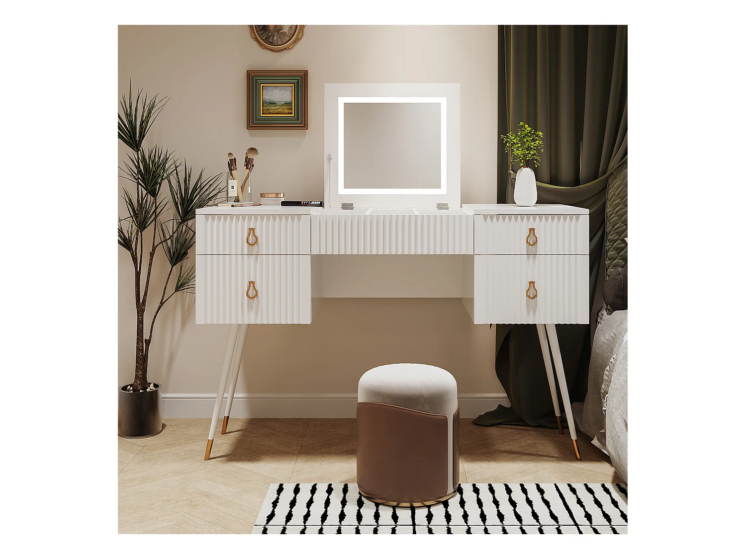 Coiffeuse blanche avec miroir LED, 4 tiroirs, lumière réglable, design élégant, MDF (80x40x101 cm)