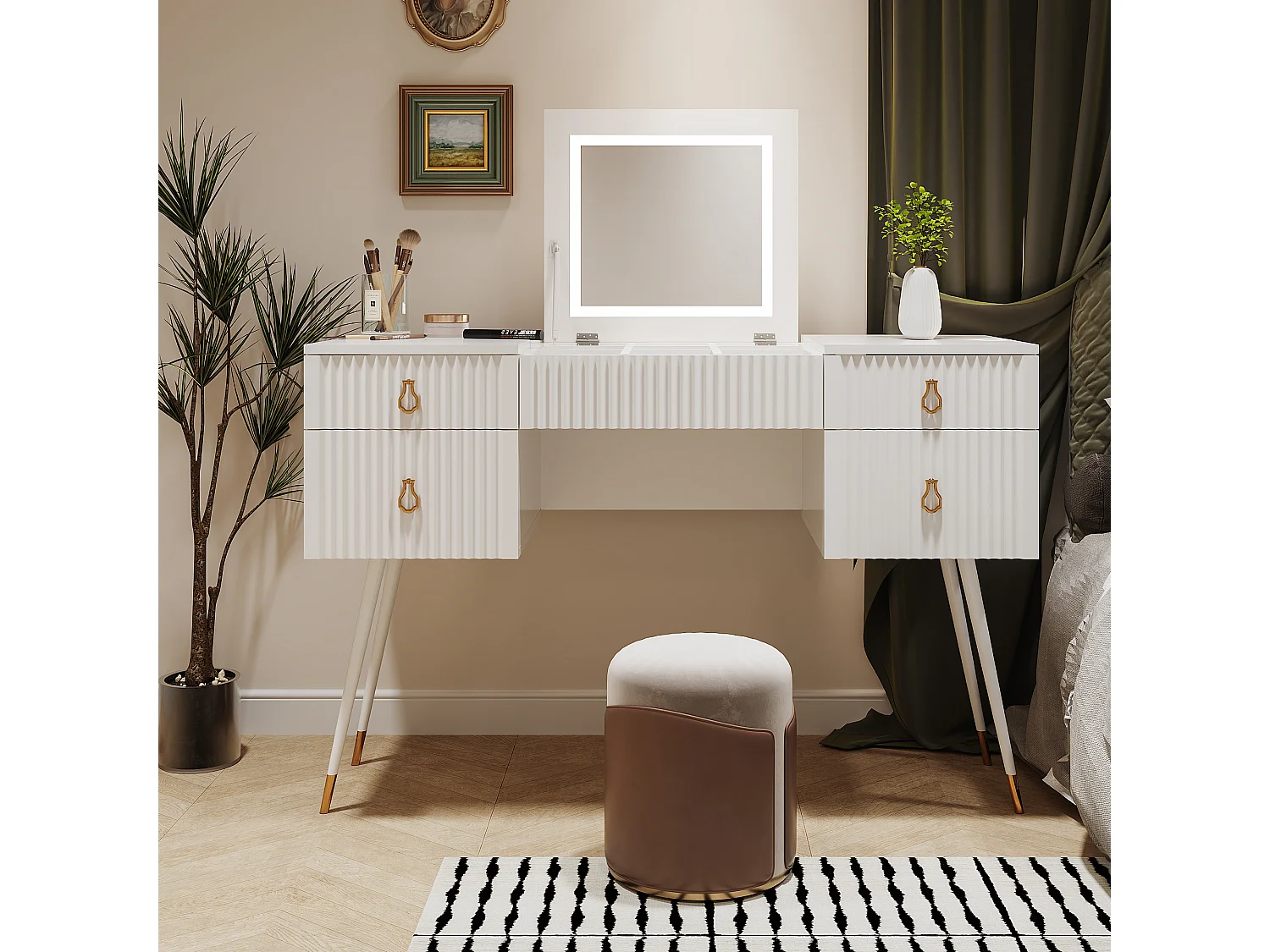 Coiffeuse blanche avec miroir LED, 4 tiroirs, lumière réglable, design élégant, MDF (80x40x101 cm)