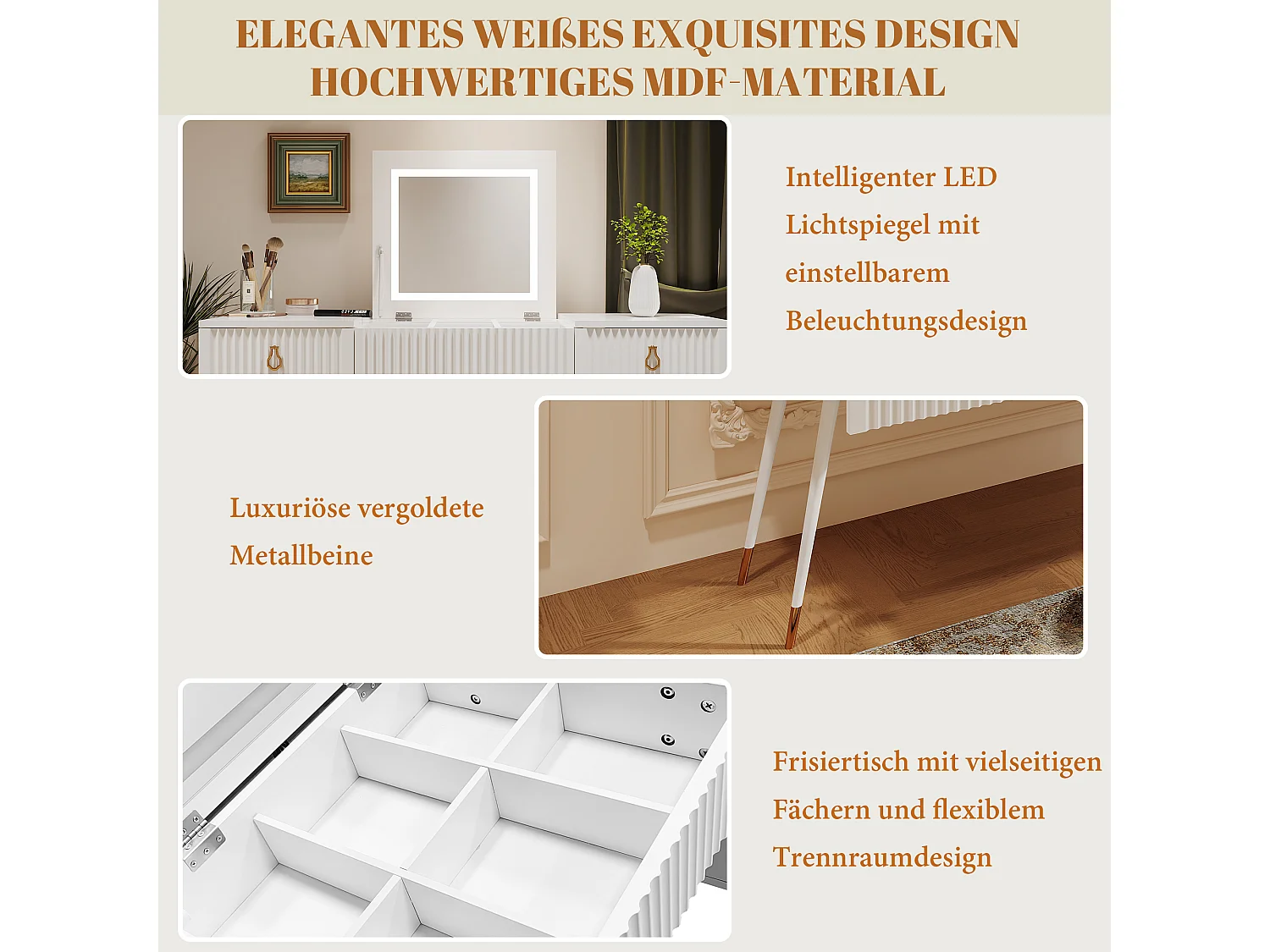 Coiffeuse blanche avec miroir LED, 4 tiroirs, lumière réglable, design élégant, MDF (80x40x101 cm)