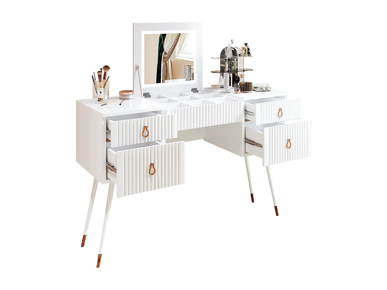 Coiffeuse blanche avec miroir LED, 4 tiroirs, lumière réglable, design élégant, MDF (80x40x101 cm)