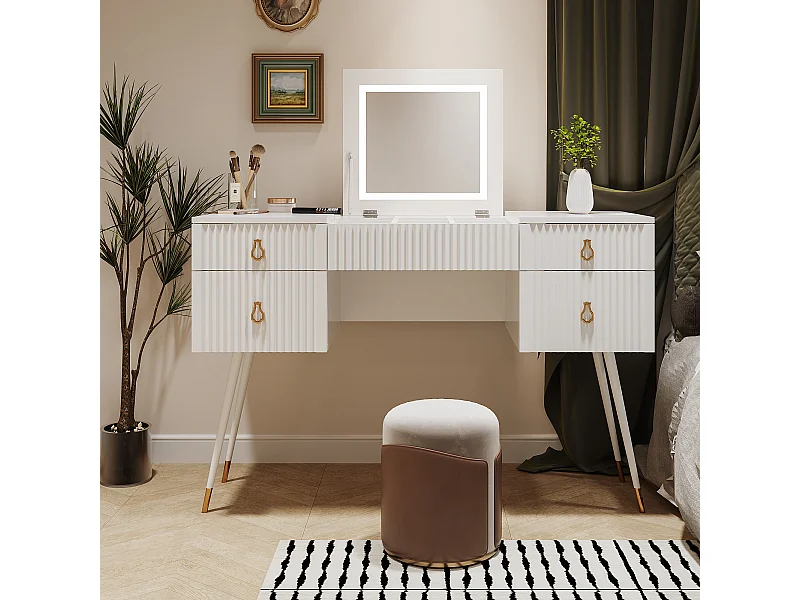 Coiffeuse blanche avec miroir LED, 4 tiroirs, lumière réglable, design élégant, MDF (80x40x101 cm)