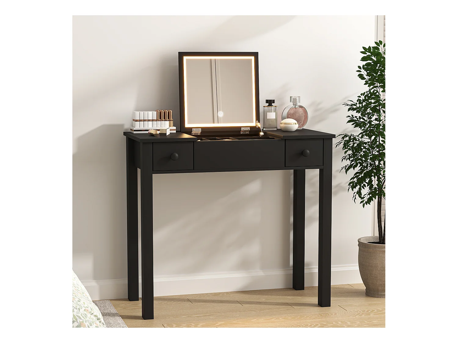 Coiffeuse noire avec miroir LED, design rabattable, MDF, avec 2 tiroirs pour bijoux (83.8x40x74.5 cm)