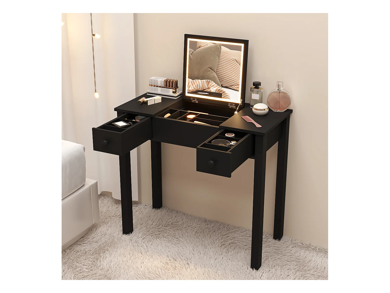 Coiffeuse noire avec miroir LED, design rabattable, MDF, avec 2 tiroirs pour bijoux (83.8x40x74.5 cm)