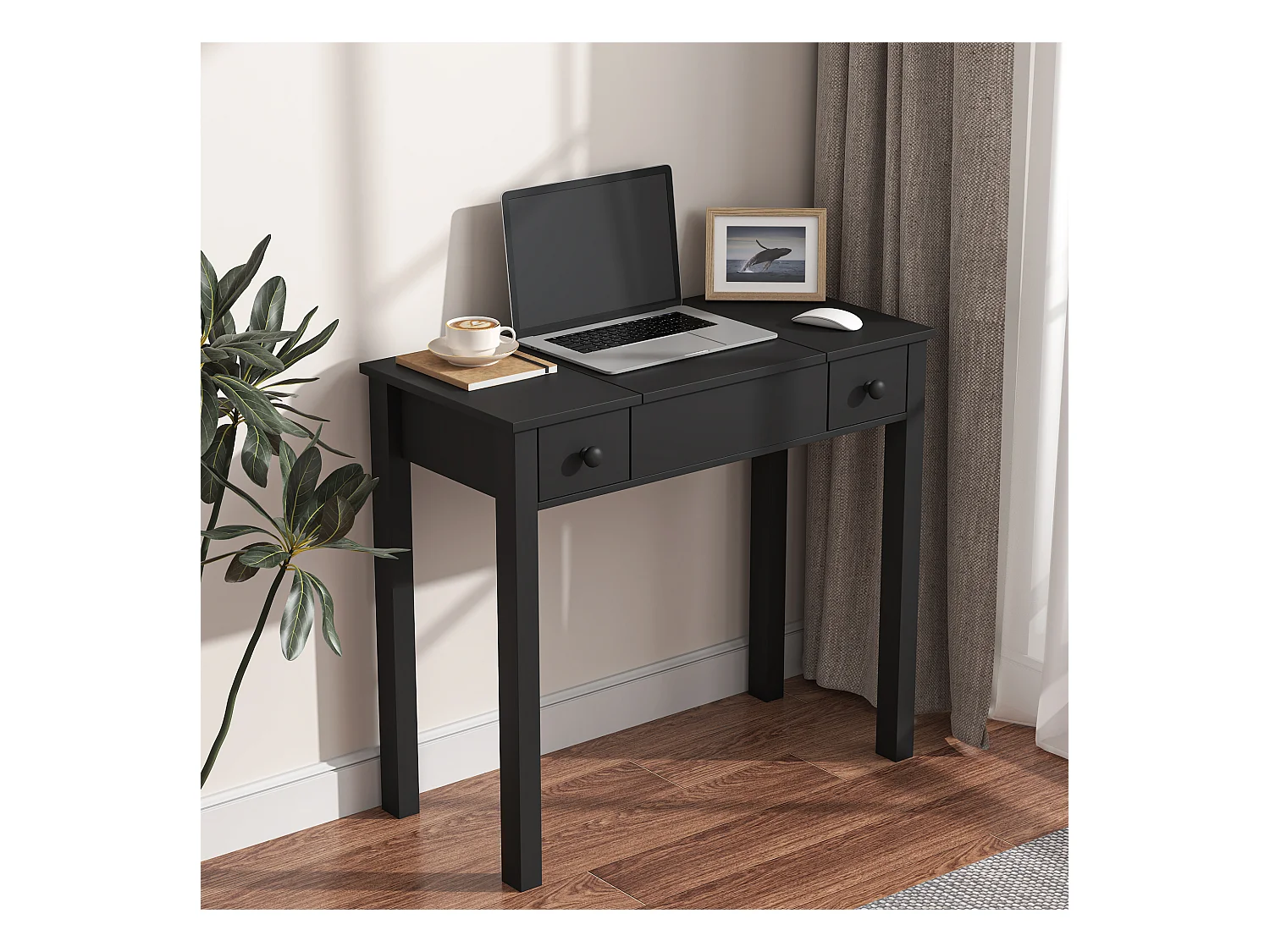 Coiffeuse noire avec miroir LED, design rabattable, MDF, avec 2 tiroirs pour bijoux (83.8x40x74.5 cm)