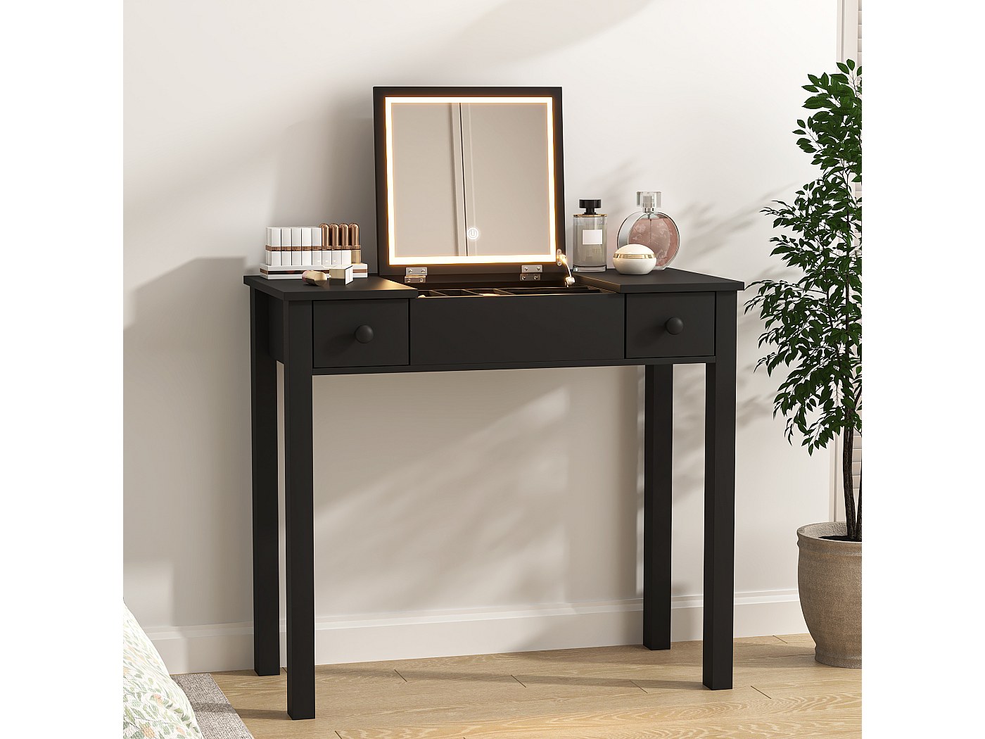 Coiffeuse noire avec miroir LED, design rabattable, MDF, avec 2 tiroirs ...