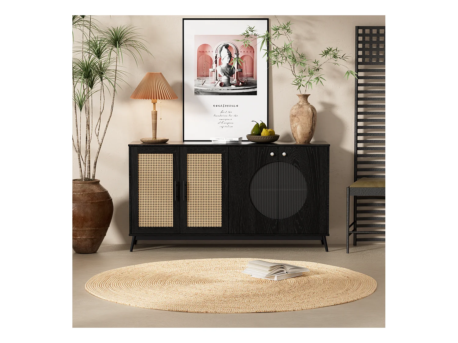 Buffet avec portes en verre et rattan, design incurvé, MDF, noir (150x40x80 cm)