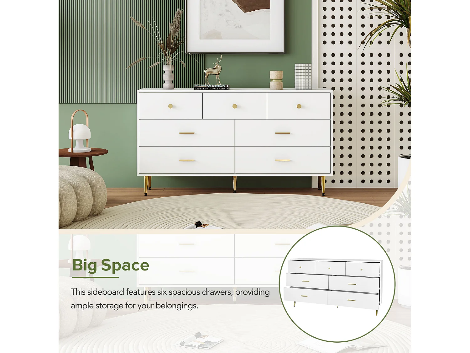 Aparador 7 cajones con tiradores dorados, patas doradas, MDF, blanco (140x35x76 cm)