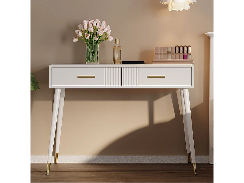 Bureau, coiffeuse avec 2 tiroirs, pieds métalliques, MDF, blanc (100x40x76 cm)