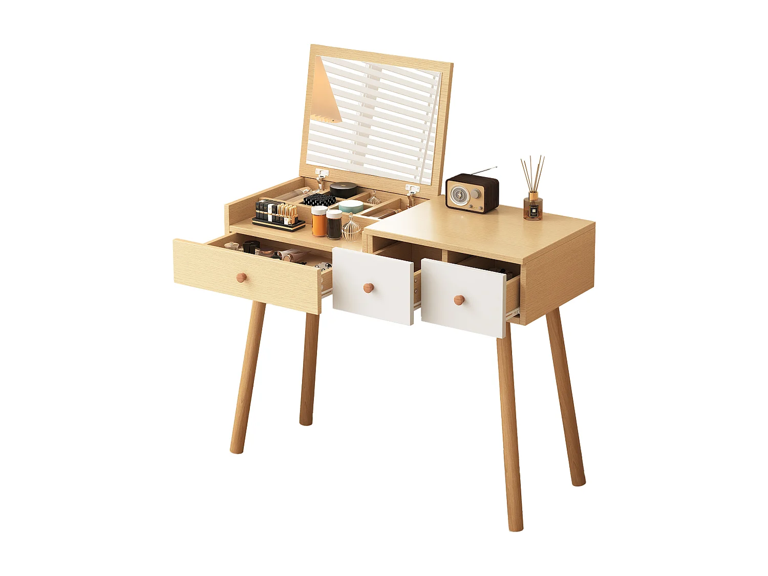 Coiffeuse avec miroir LED, tiroirs de rangement, design élégant, matériau en bois, blanc (100x40x78 cm)