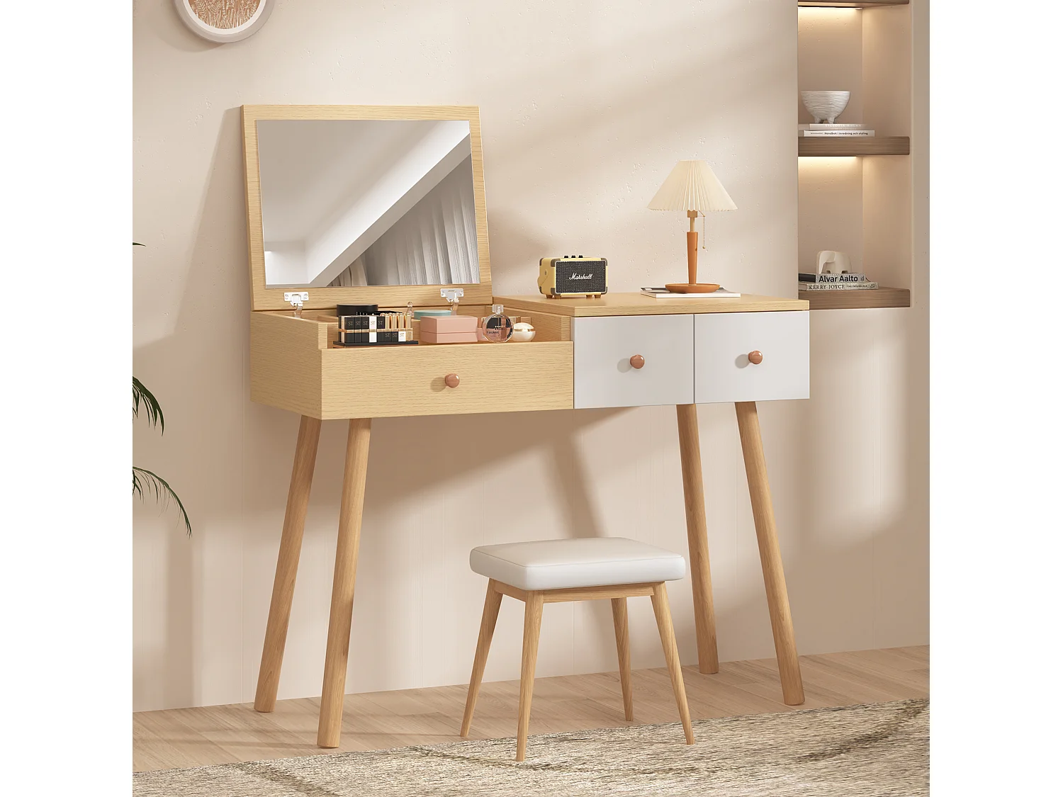 Coiffeuse avec miroir LED, tiroirs de rangement, design élégant, matériau en bois, blanc (100x40x78 cm)