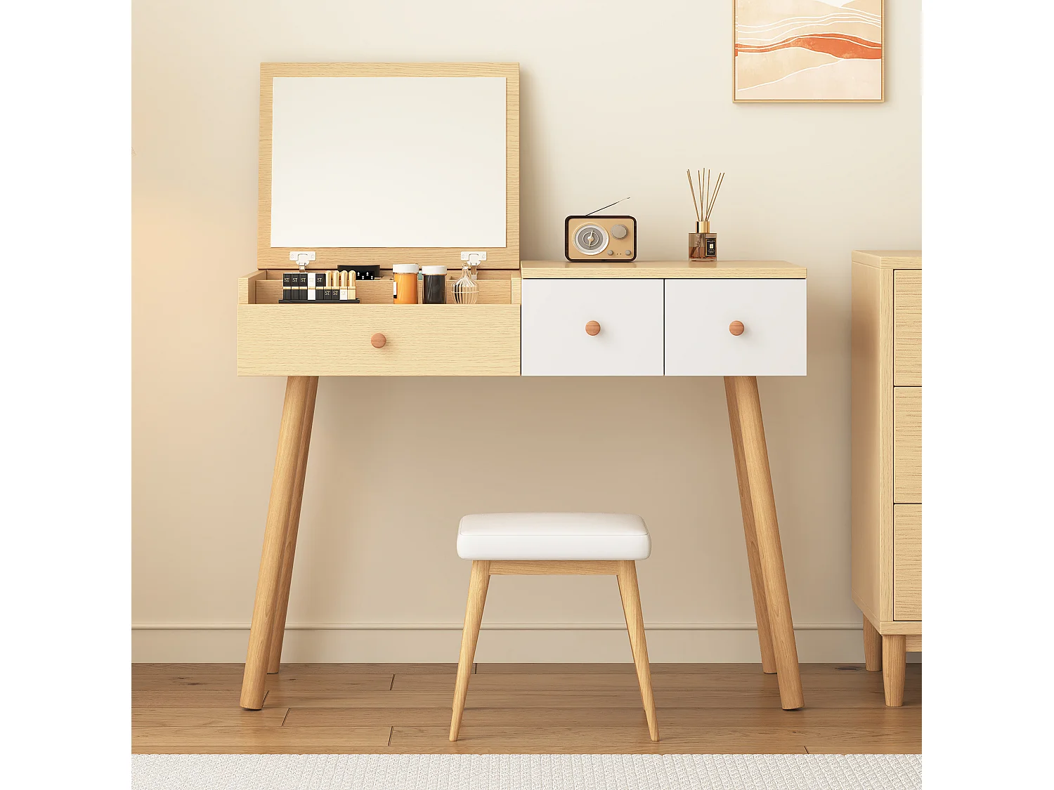 Coiffeuse avec miroir LED, tiroirs de rangement, design élégant, matériau en bois, blanc (100x40x78 cm)