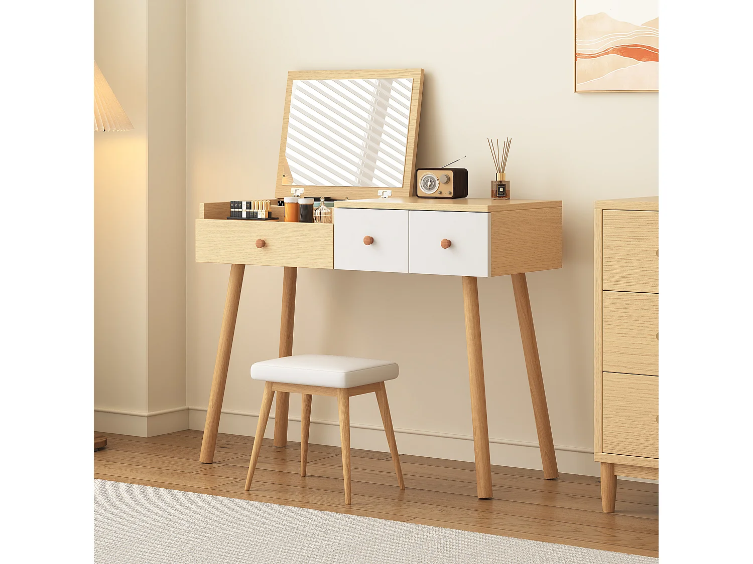 Coiffeuse avec miroir LED, tiroirs de rangement, design élégant, matériau en bois, blanc (100x40x78 cm)