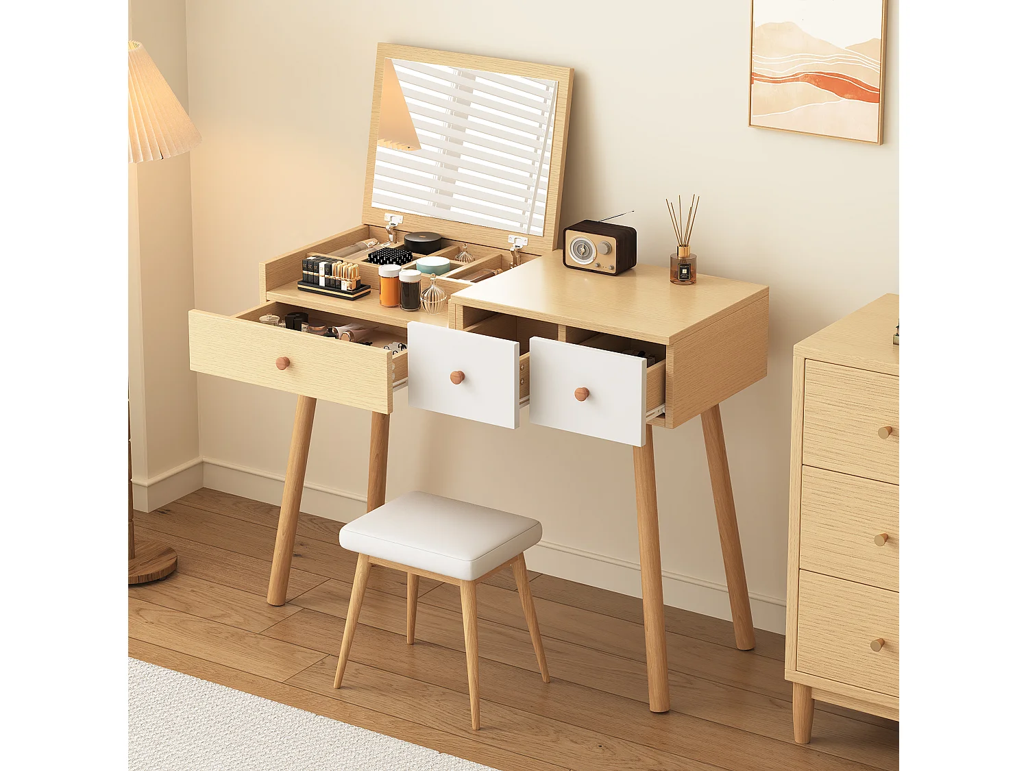 Coiffeuse avec miroir LED, tiroirs de rangement, design élégant, matériau en bois, blanc (100x40x78 cm)