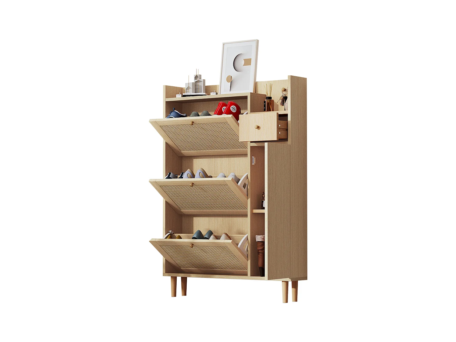 Armoire à chaussures en MDF avec portes en rattan, 3 portes basculantes et 1 tiroir, pieds et poignées en bois, couleur naturelle (90x17x125 cm)